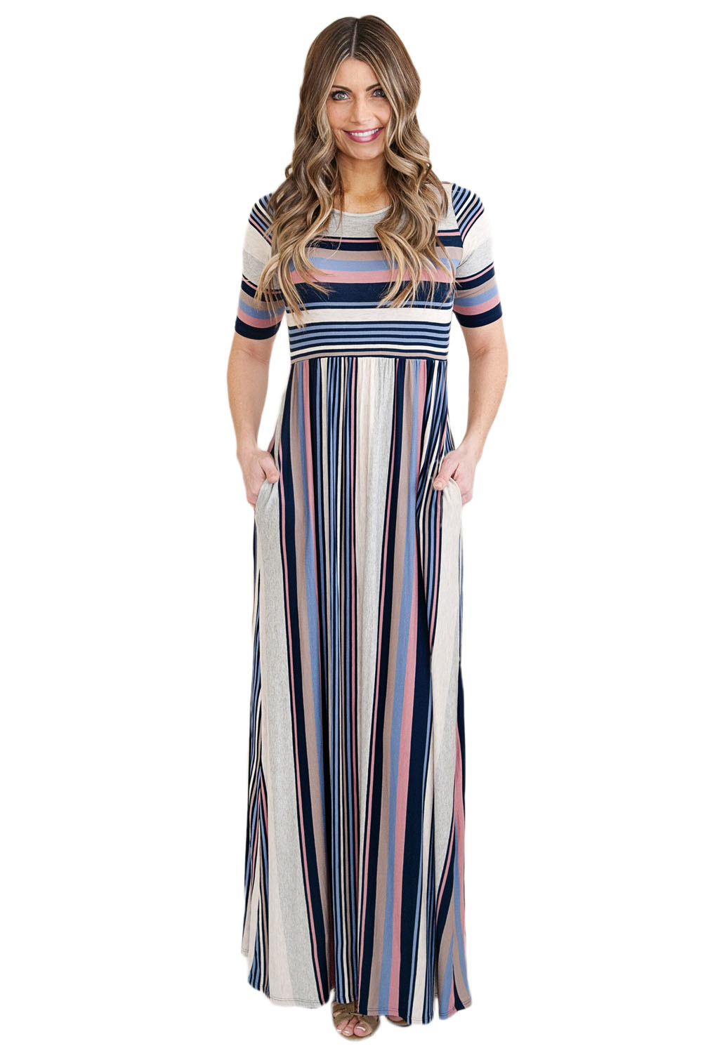 BY61660-5 Muted Multicolor Striped Half Sleeve Casual Maxi Dress